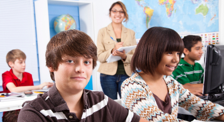 Male and female student in social studies studying global perspectives 